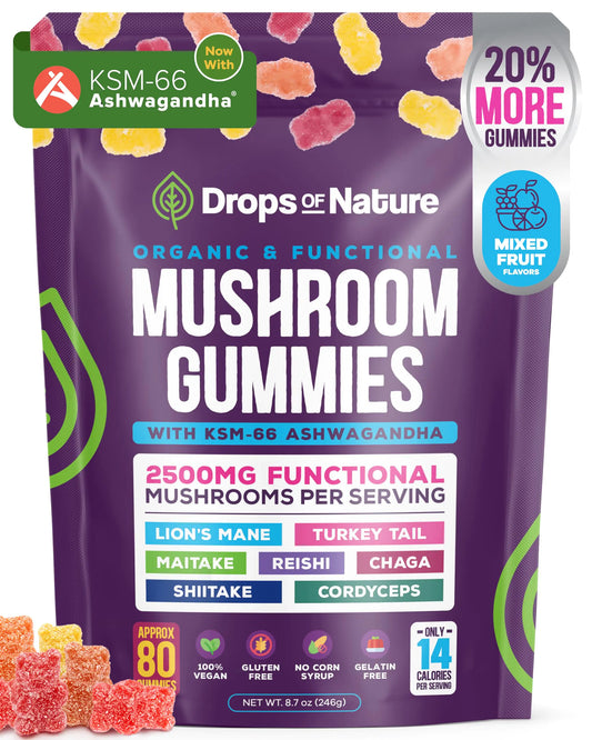 Ashwagandha and Lions Mane Mushroom Supplement Gummies - Organic - Reishi Cordyceps Turkey Tail Maitake Shitake Chaga - Immune Defense Boosts Cognitive Performance Vegan Low Carb