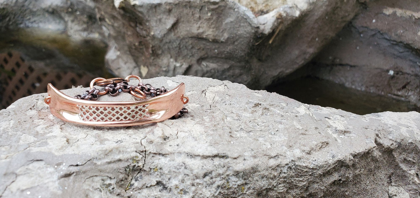 Adjustable Handmade Sculpted Copper Channel Silver Mesh Cuff Bracelet