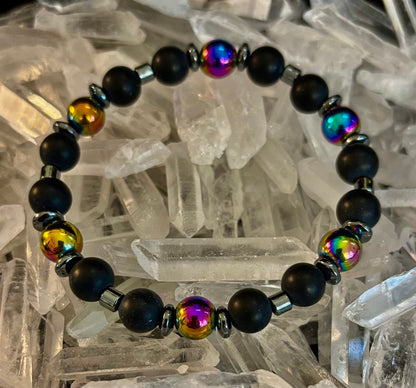 Hematite and Natural Stone Unisex Stretch Bracelet – Medium Fit, Sleek Fusion Style