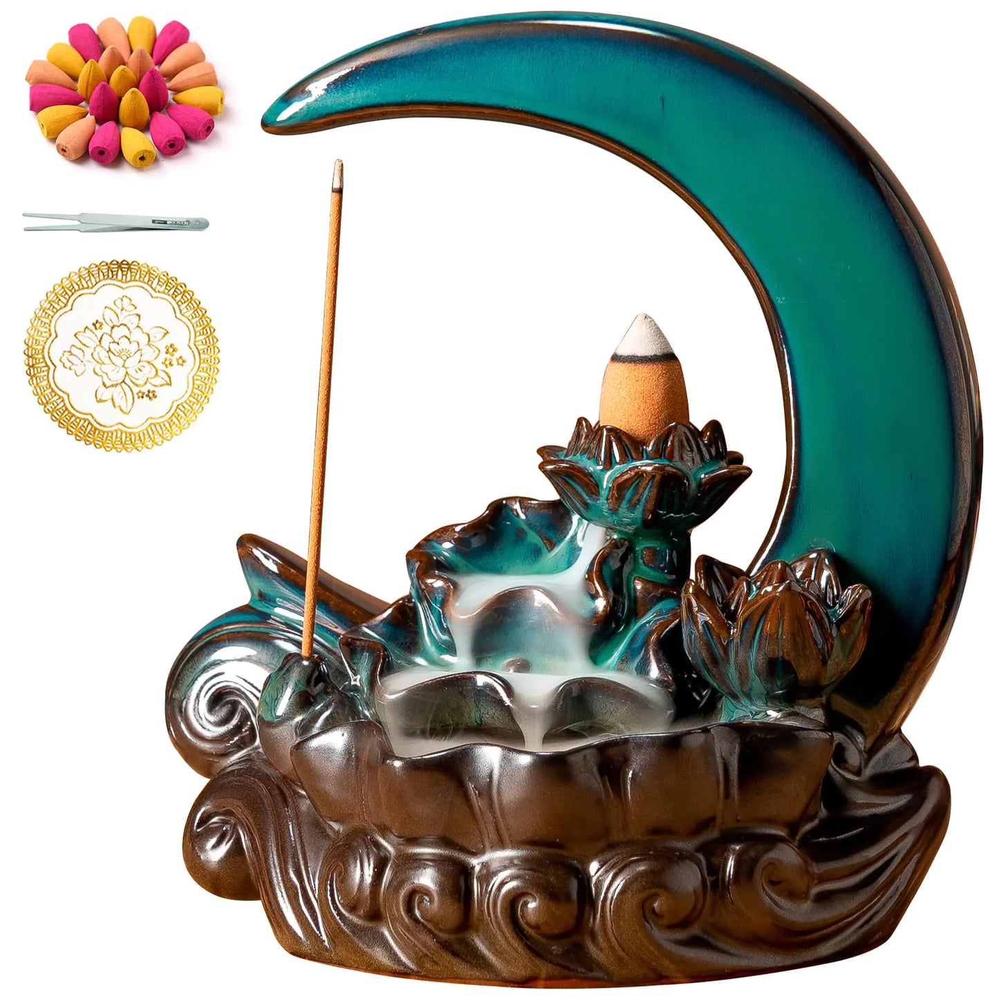 GARMOLY Moon Incense Burner with 60 Incense Cones + 30 Incense Stick Ceramic Waterfall Incense Burner Backflow Incense Holder for Aromatherapy Ornament Home Decor (Cyan)