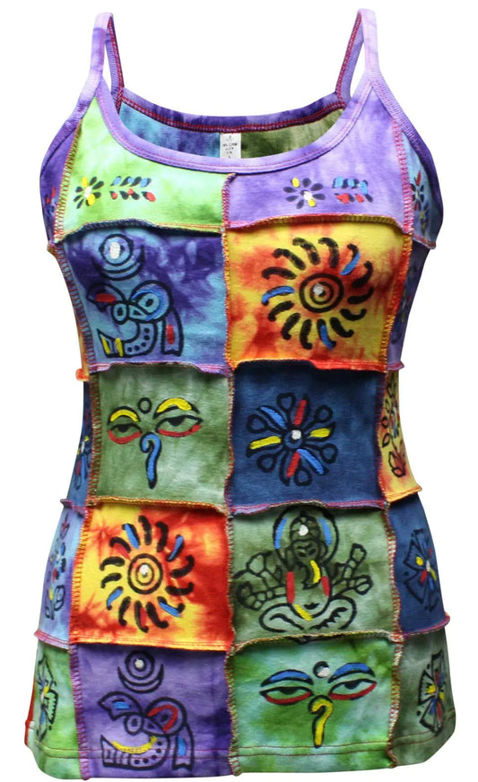 Shopoholic Fashion Women Traditonal Symbols Patched Hippy Tank Top (lTraditional Mix)