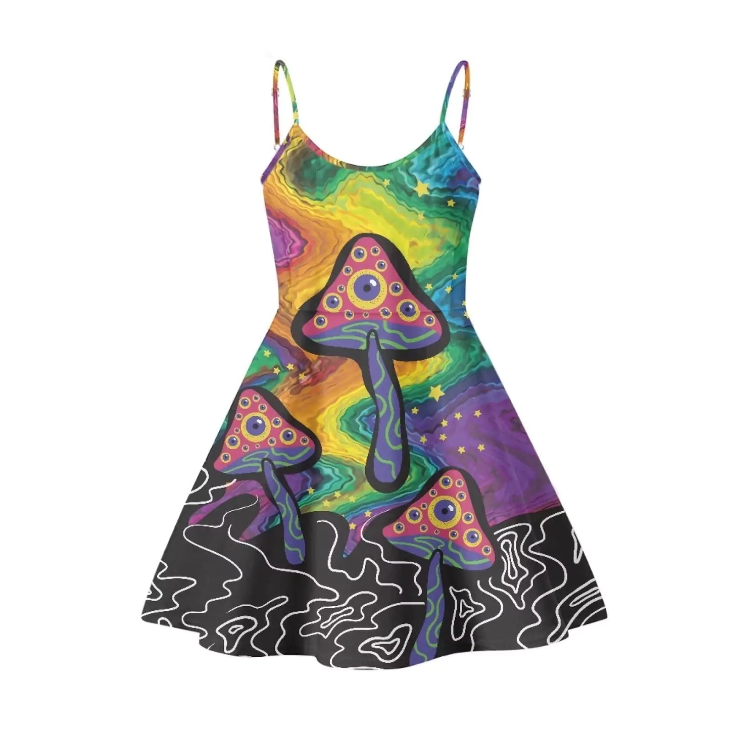 Coloranimal Womens Spaghetti Straps Casual Dresses Hippie Mushroom Swing Dress for Beach Sleeveless Adjustable Beachwear Skater Midi DressColorful Tie Dye Stars
