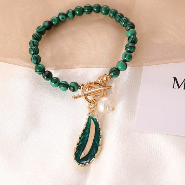 Malachite Pearl & Leaf Elegant Bracelet