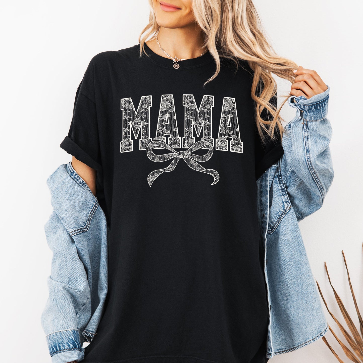 Mama, Bow, Ribbon, Faux Lace, Coquette, Varsity, Mother's Day Tshirt Comfort Colors T-Shirt