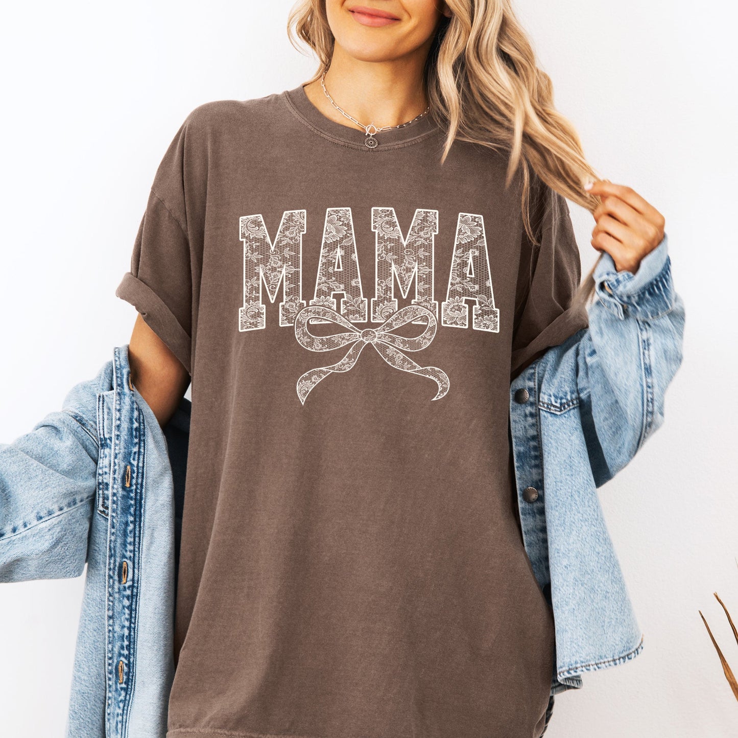 Mama, Bow, Ribbon, Faux Lace, Coquette, Varsity, Mother's Day Tshirt Comfort Colors T-Shirt