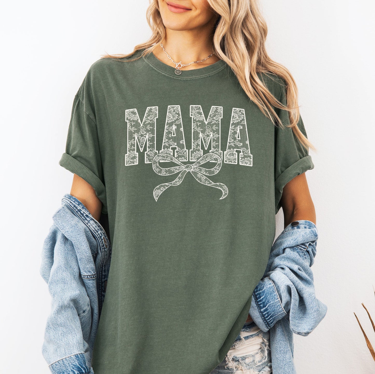 Mama, Bow, Ribbon, Faux Lace, Coquette, Varsity, Mother's Day Tshirt Comfort Colors T-Shirt