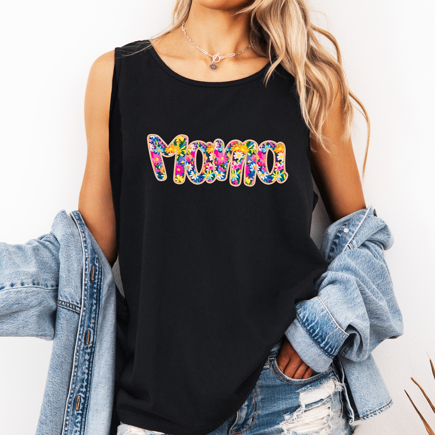 Mama, Bright Flowers, Varsity, Floral Comfort Colors Tank Top