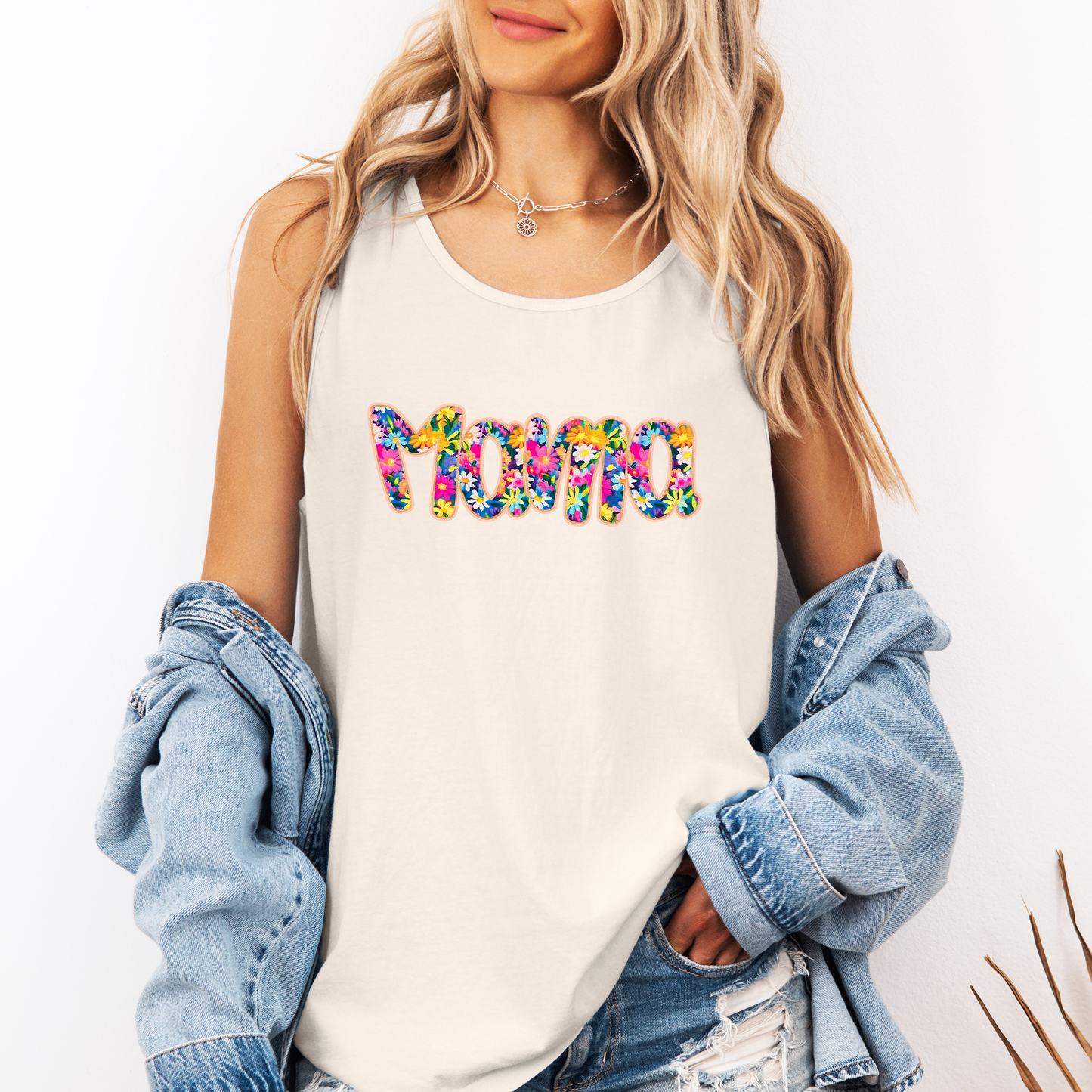 Mama, Bright Flowers, Varsity, Floral Comfort Colors Tank Top