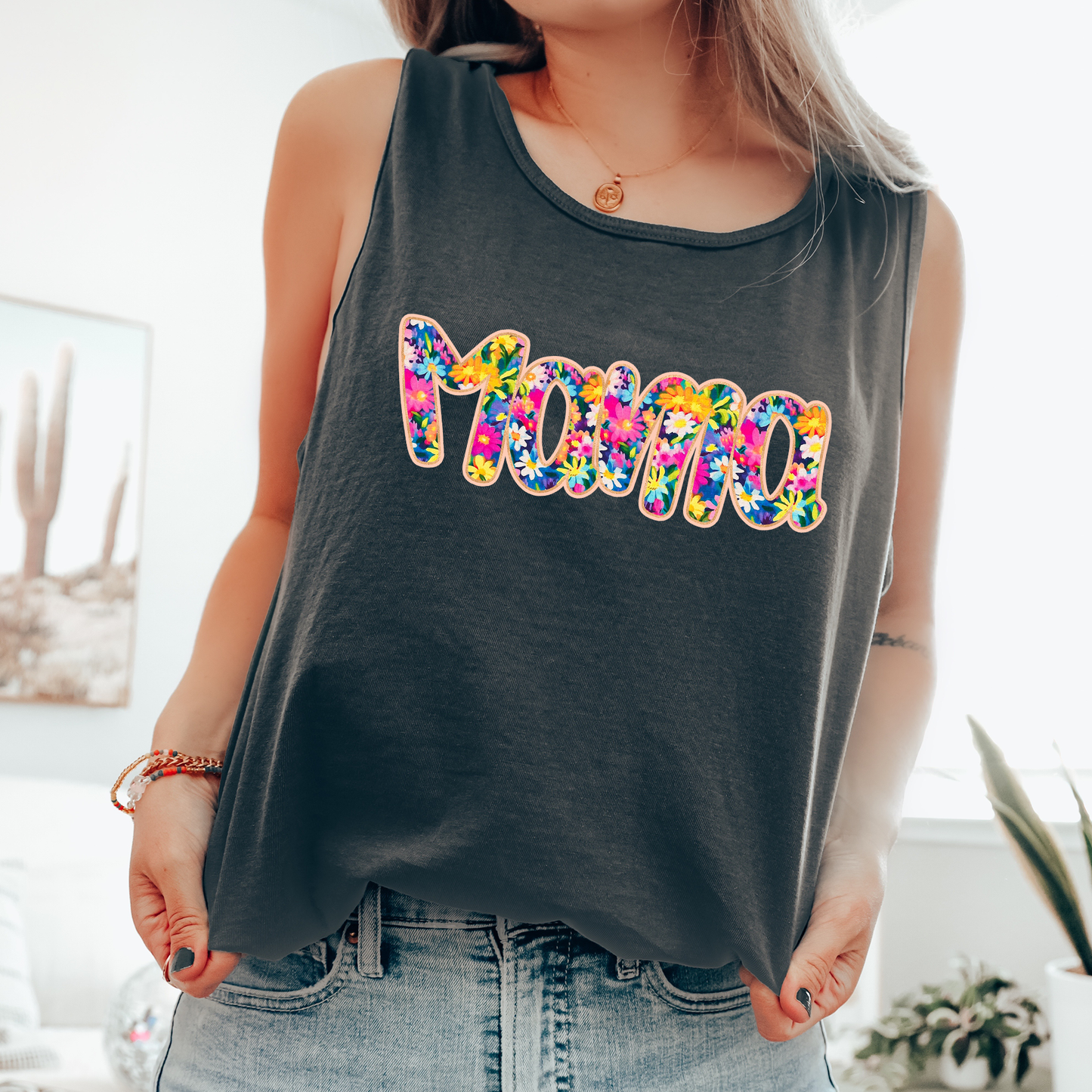 Mama, Bright Flowers, Varsity, Floral Comfort Colors Tank Top