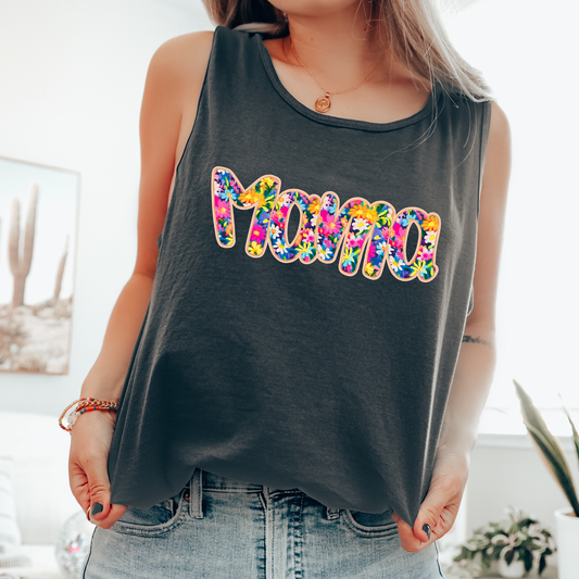 Mama, Bright Flowers, Varsity, Floral Comfort Colors Tank Top