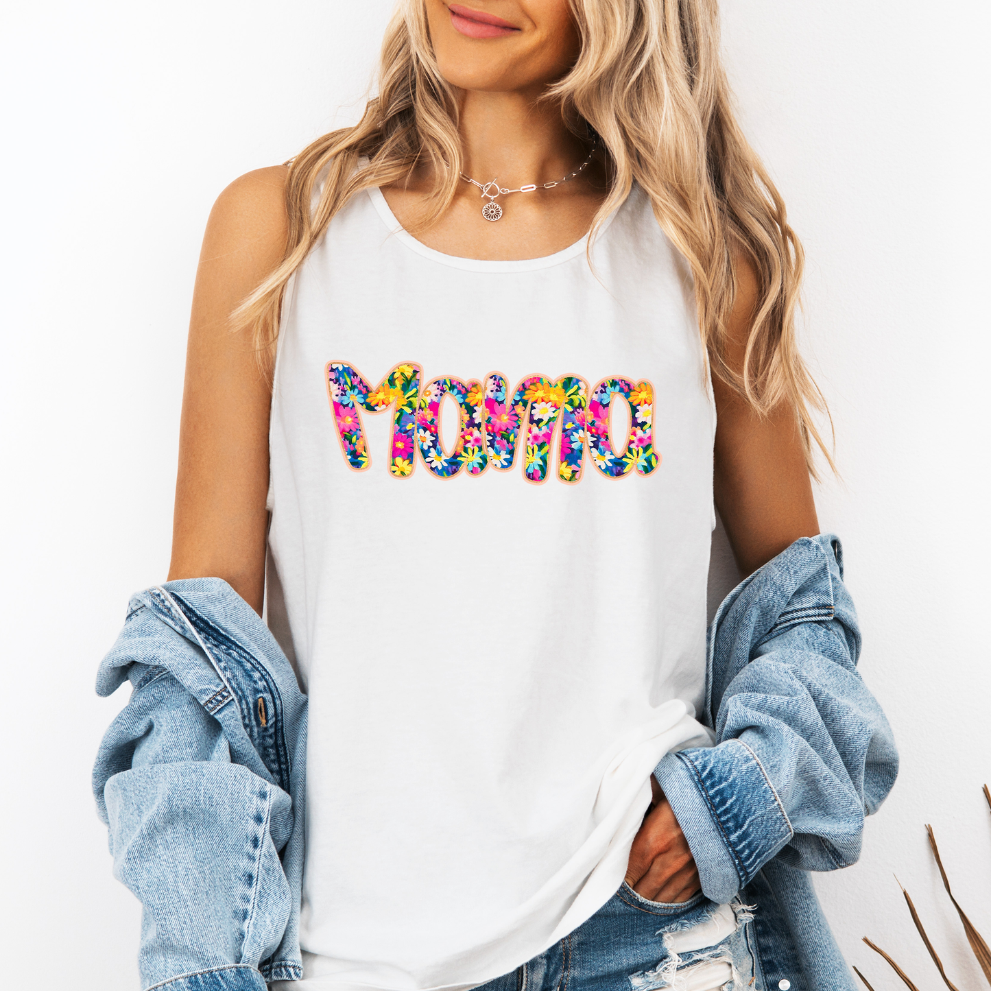 Mama, Bright Flowers, Varsity, Floral Comfort Colors Tank Top