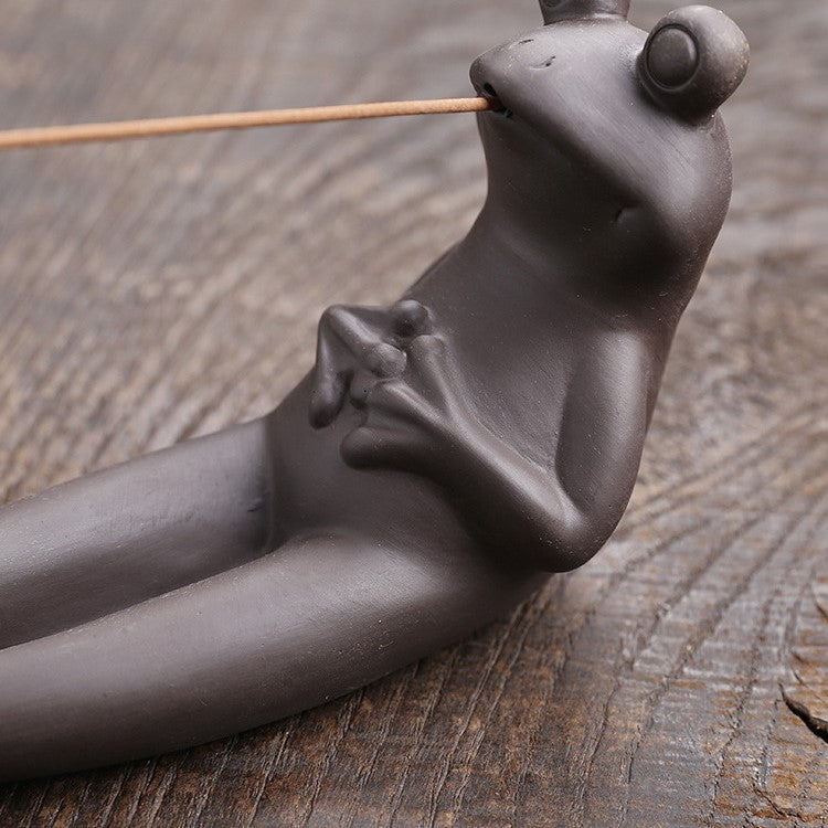 Handmade Clay Frog Incense Stick Holder Animal Statue Decor