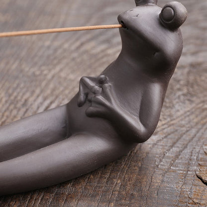 Handmade Clay Frog Incense Stick Holder Animal Statue Decor