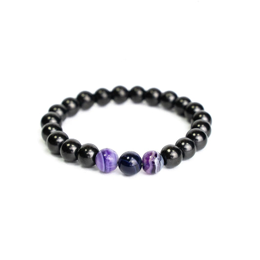 Karelian Heritage Shungite Elastic Stretchy Bracelet with 3 Purple Agate Beads | Authetic Shungite Crystal Jewelry | Protective Powerful Defender Stone Bracelet | Spiritual Healing Crystal Chakra Balance BO43