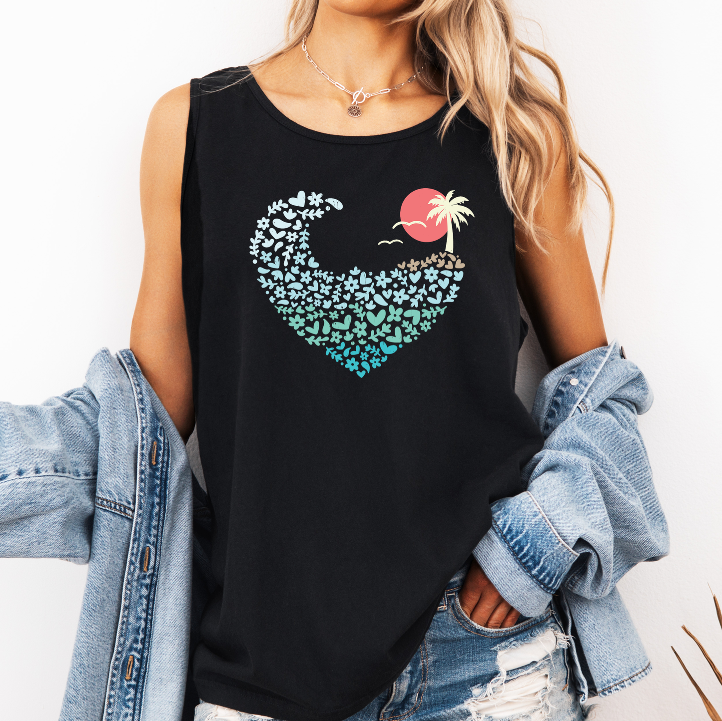 Retro Beach Sunset Heart, Summer, Beach, Hot Girl Summer, Sunshine Comfort Colors Tank Top