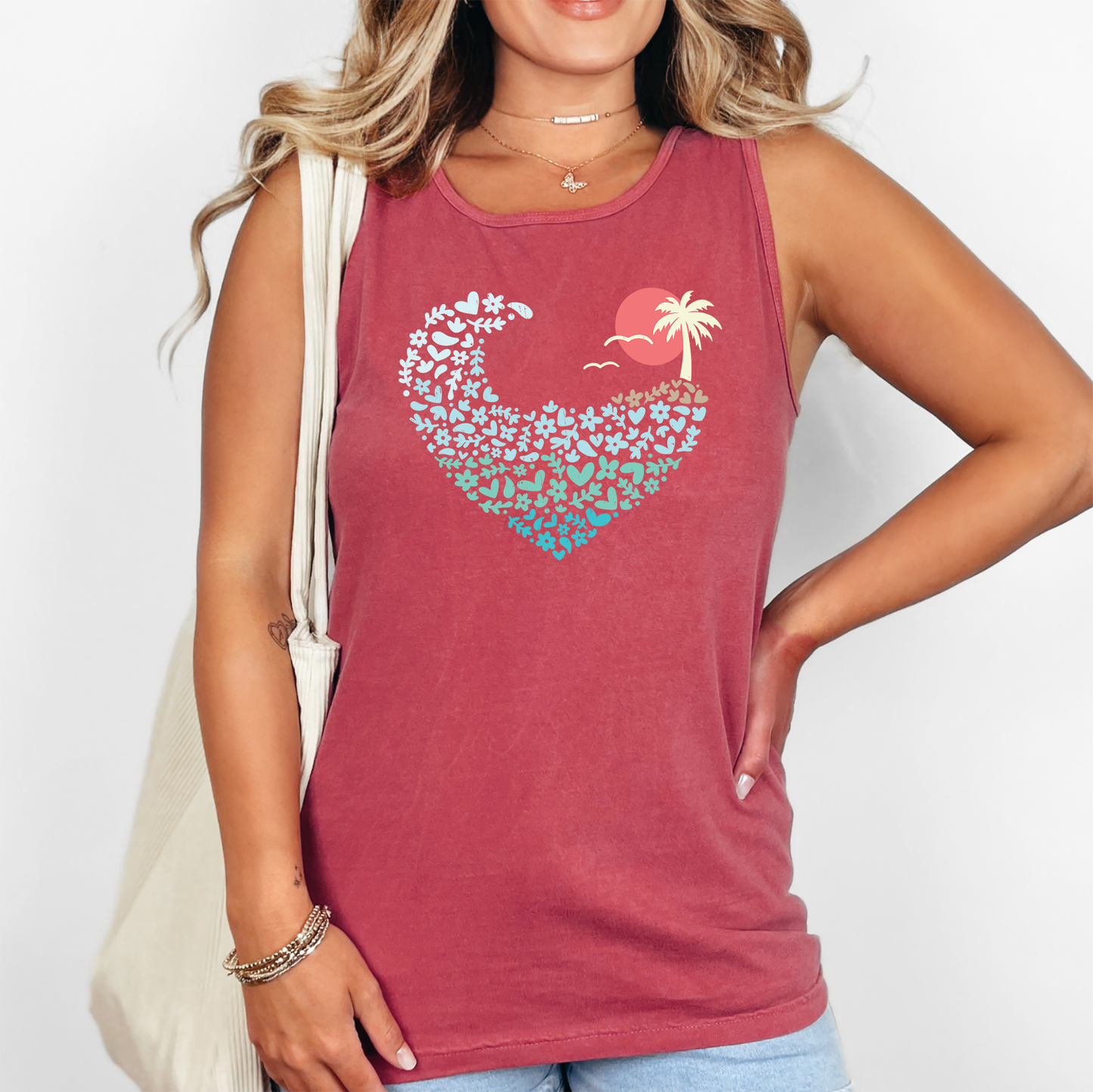 Retro Beach Sunset Heart, Summer, Beach, Hot Girl Summer, Sunshine Comfort Colors Tank Top
