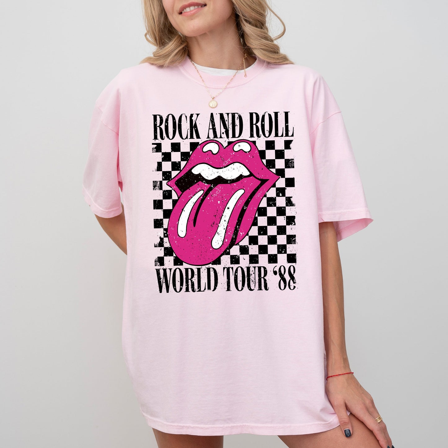 Rock And Roll World Tour, Lips and Tongue, Checkered, 80s Rock, Retro, Classic Rock Tshirt Comfort Colors T-Shirt