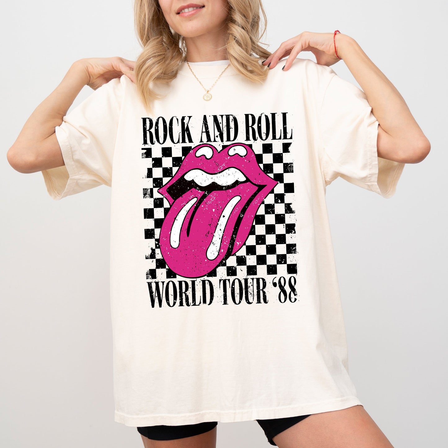 Rock And Roll World Tour, Lips and Tongue, Checkered, 80s Rock, Retro, Classic Rock Tshirt Comfort Colors T-Shirt