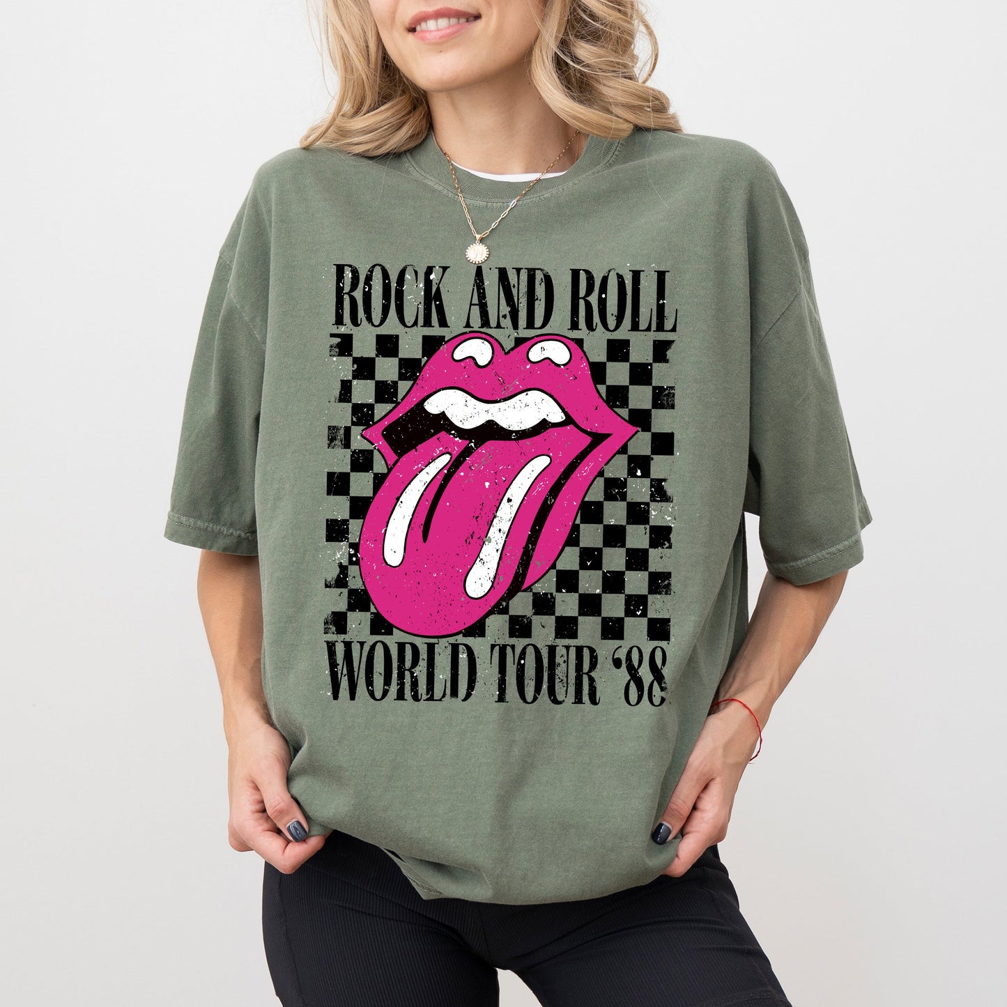 Rock And Roll World Tour, Lips and Tongue, Checkered, 80s Rock, Retro, Classic Rock Tshirt Comfort Colors T-Shirt