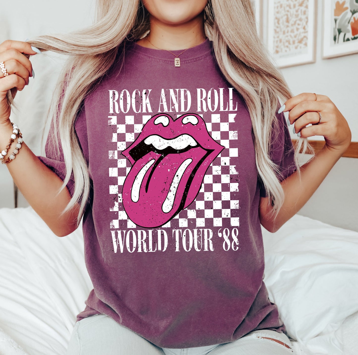 Rock And Roll World Tour, Lips and Tongue, Checkered, 80s Rock, Retro, Classic Rock Tshirt Comfort Colors T-Shirt