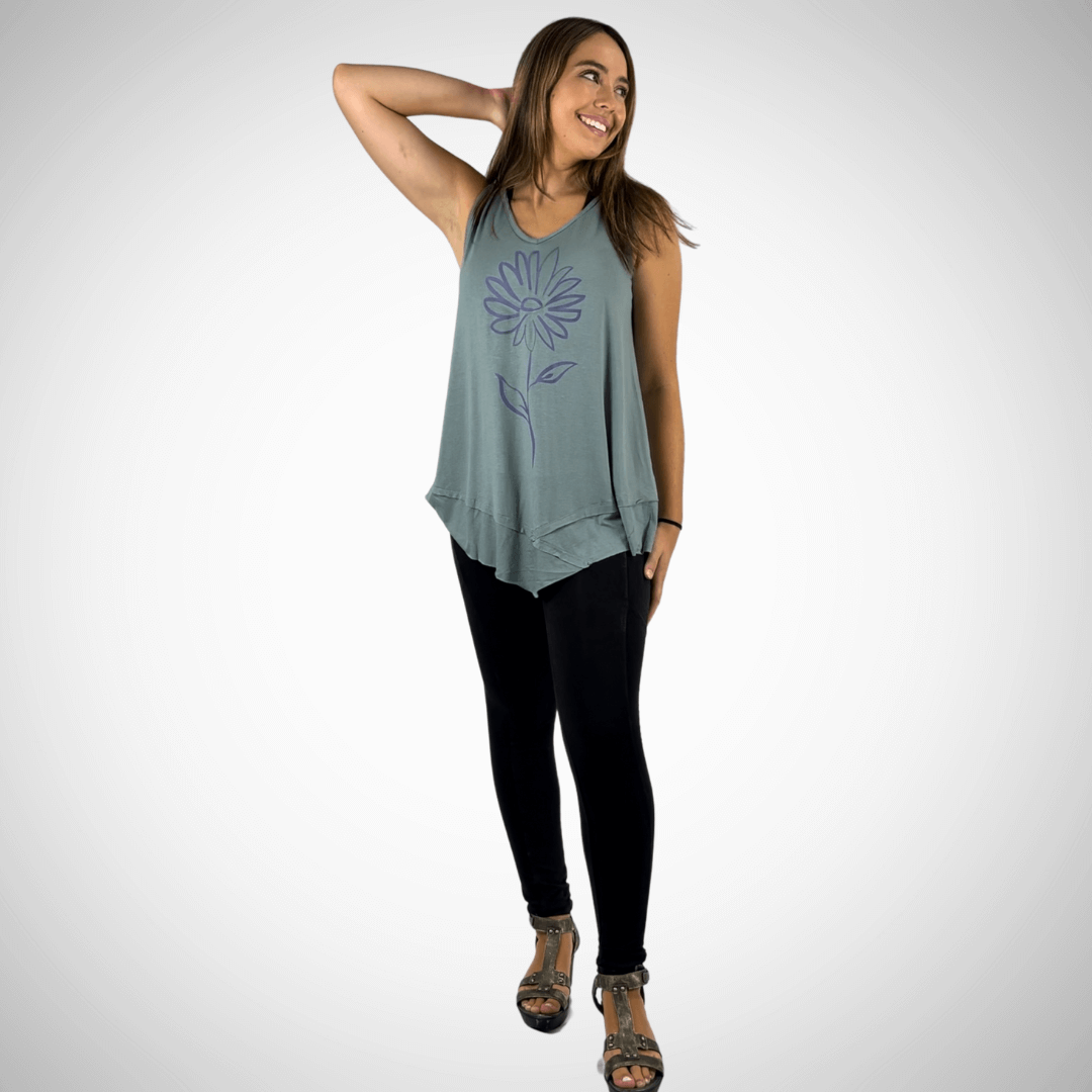 Daisy Graphic Sleeveless Tunic Light Sage Made in USA