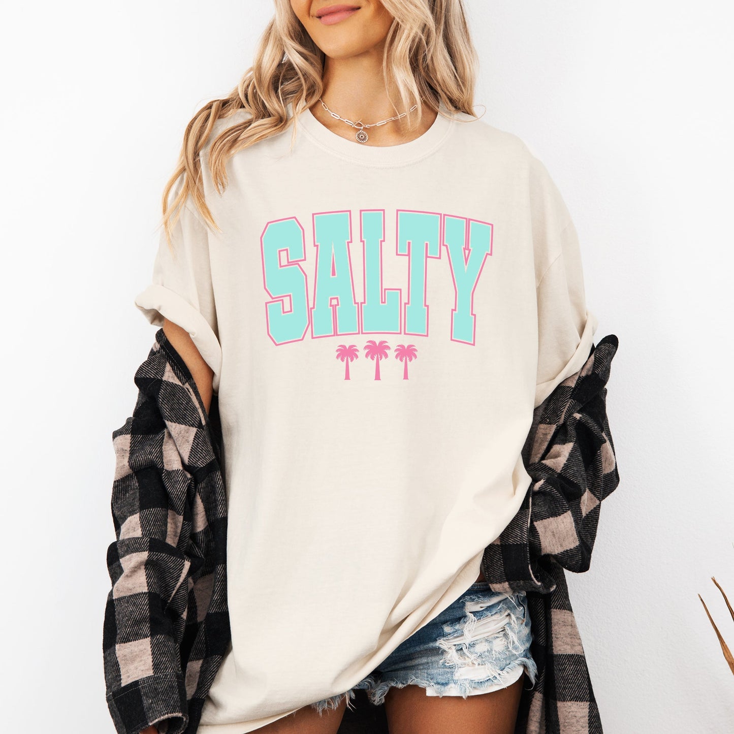 Salty, Palm Trees, Retro, Varsity, Summer, Beach, Comfort Colors T-Shirt