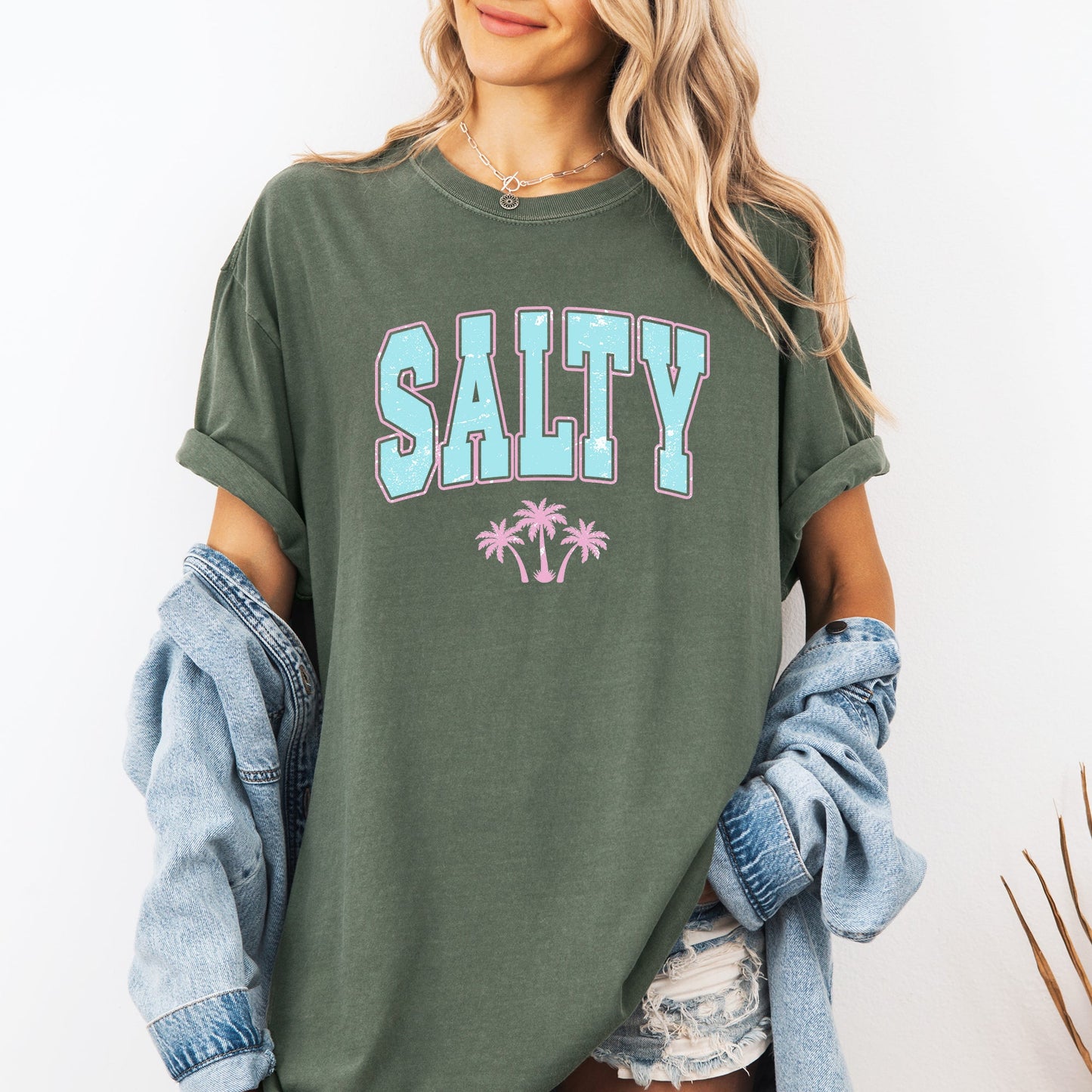 Salty, Varsity, Palm Trees, Summer, Beach Comfort Colors T-Shirt
