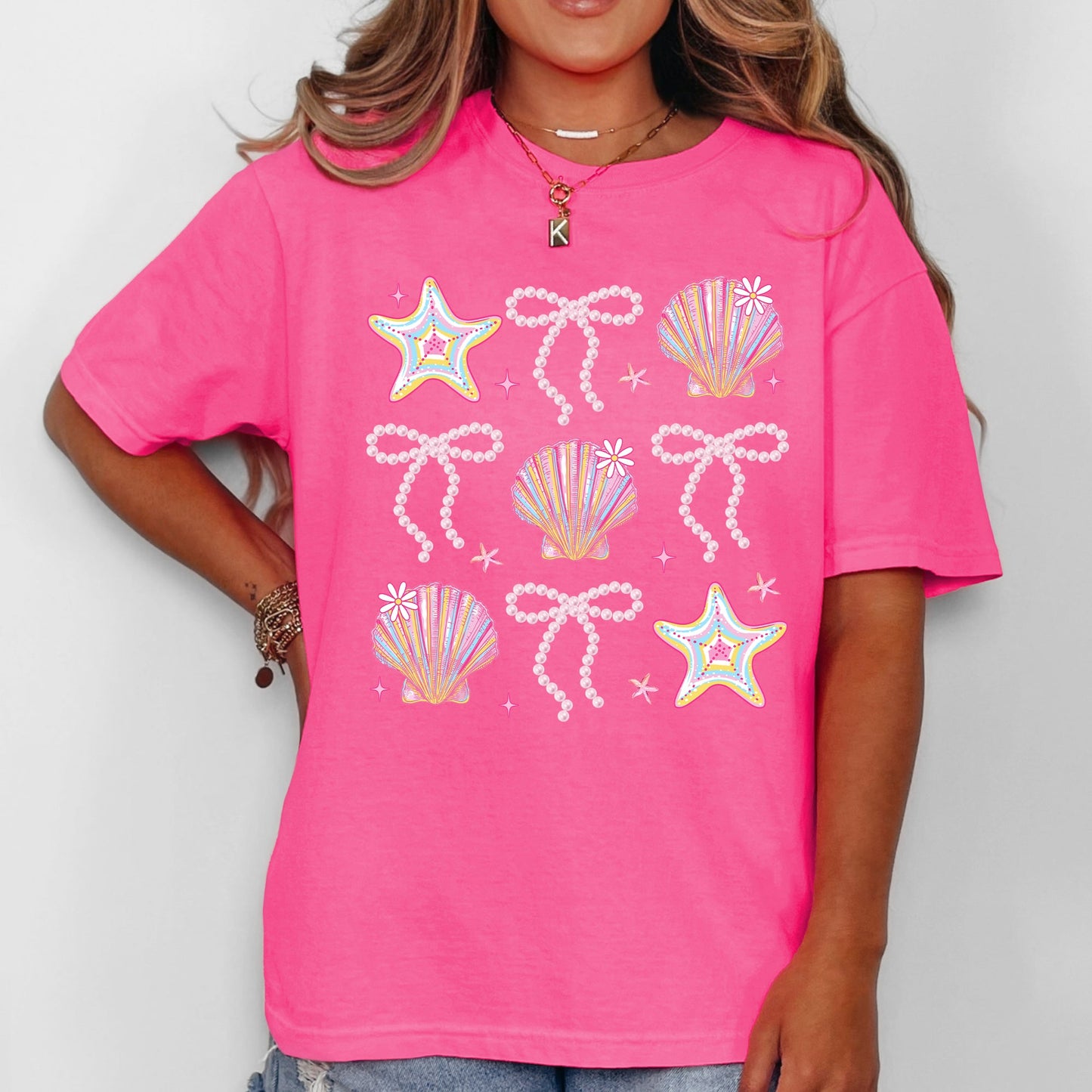 Seashell, Beach, Coquette, Pearls, Ribbon, Summer, Comfort Colors T-Shirt