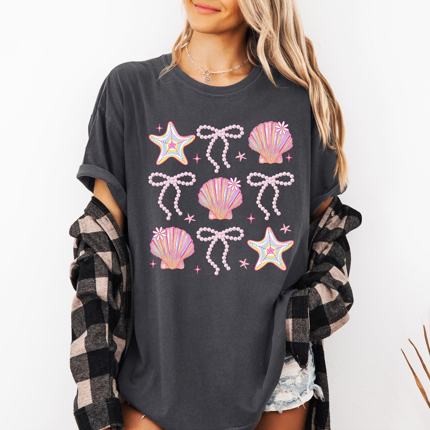Seashell, Beach, Coquette, Pearls, Ribbon, Summer, Comfort Colors T-Shirt