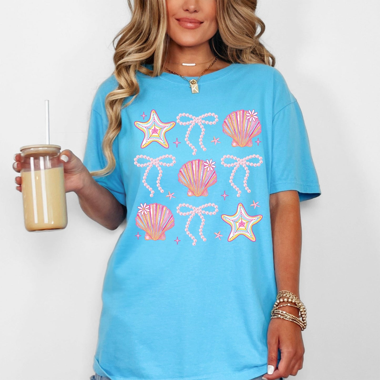 Seashell, Beach, Coquette, Pearls, Ribbon, Summer, Comfort Colors T-Shirt