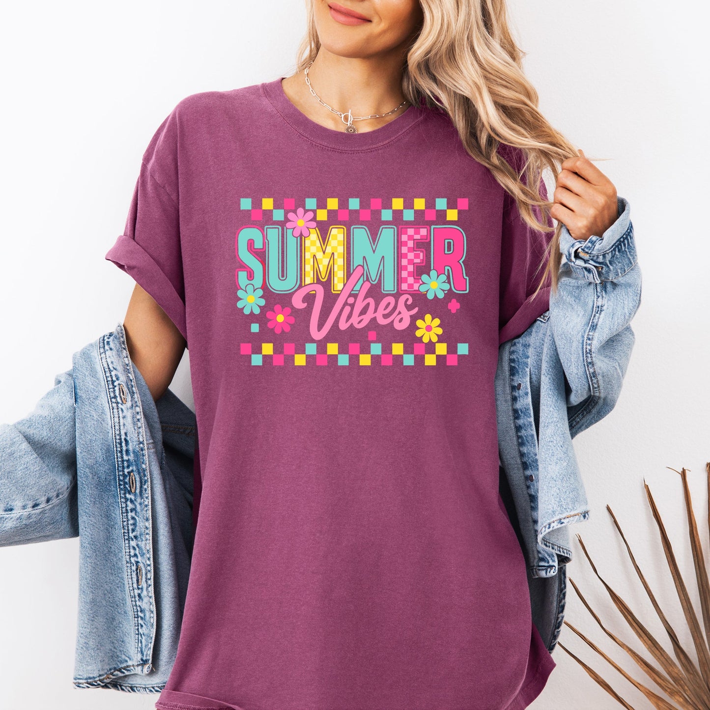 Summer Vibes, Checkered, Retro, Yellow, Flowers, Floral, Comfort Colors T-Shirt