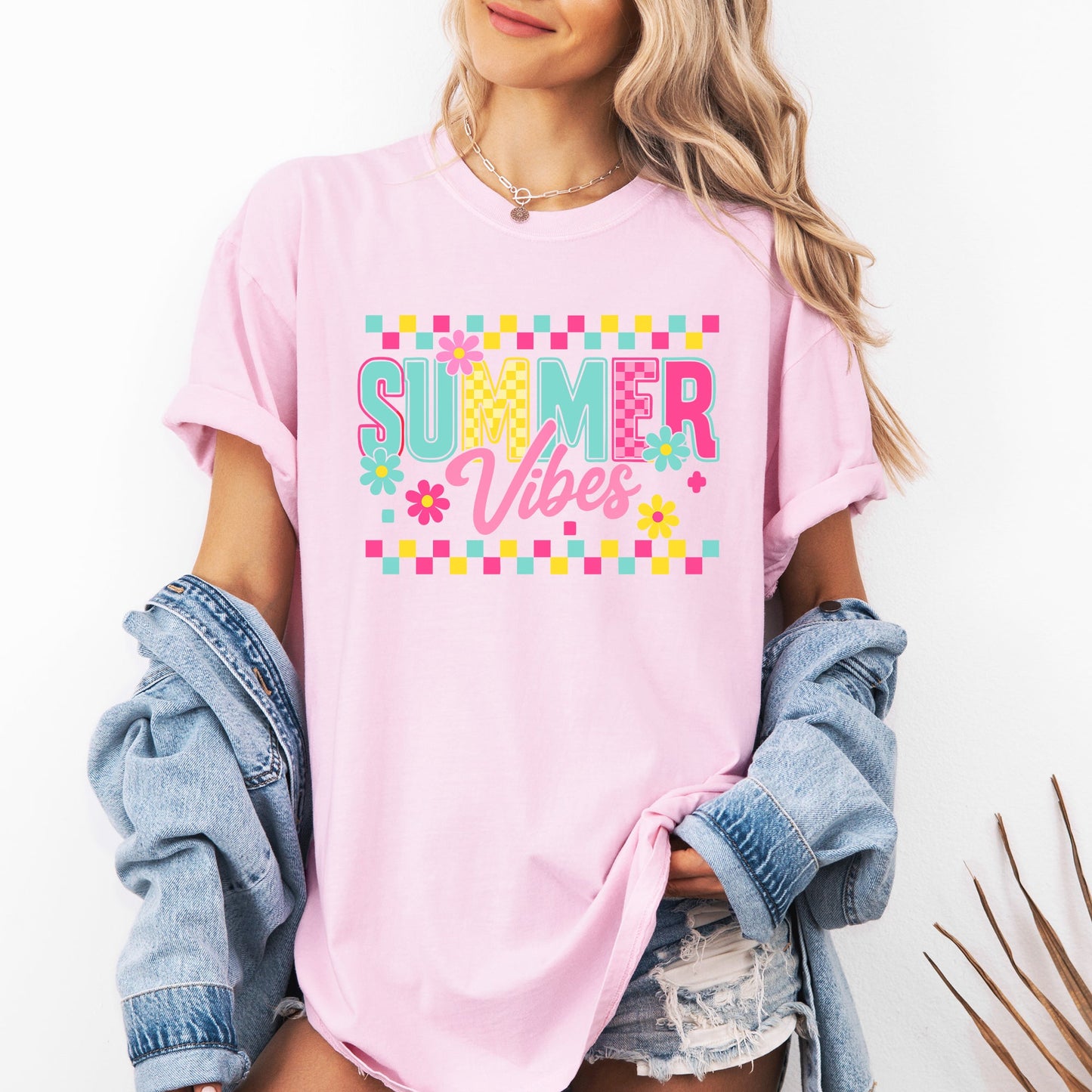 Summer Vibes, Checkered, Retro, Yellow, Flowers, Floral, Comfort Colors T-Shirt