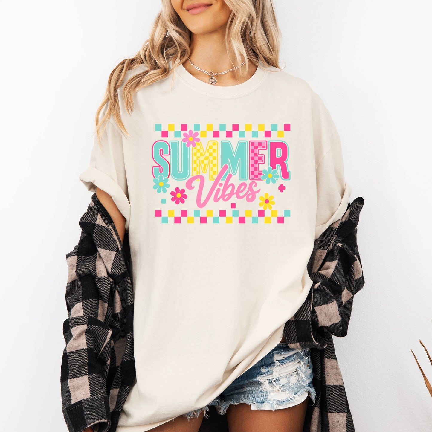 Summer Vibes, Checkered, Retro, Yellow, Flowers, Floral, Comfort Colors T-Shirt