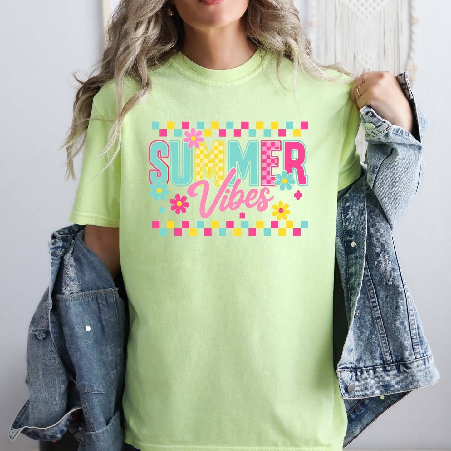 Summer Vibes, Checkered, Retro, Yellow, Flowers, Floral, Comfort Colors T-Shirt