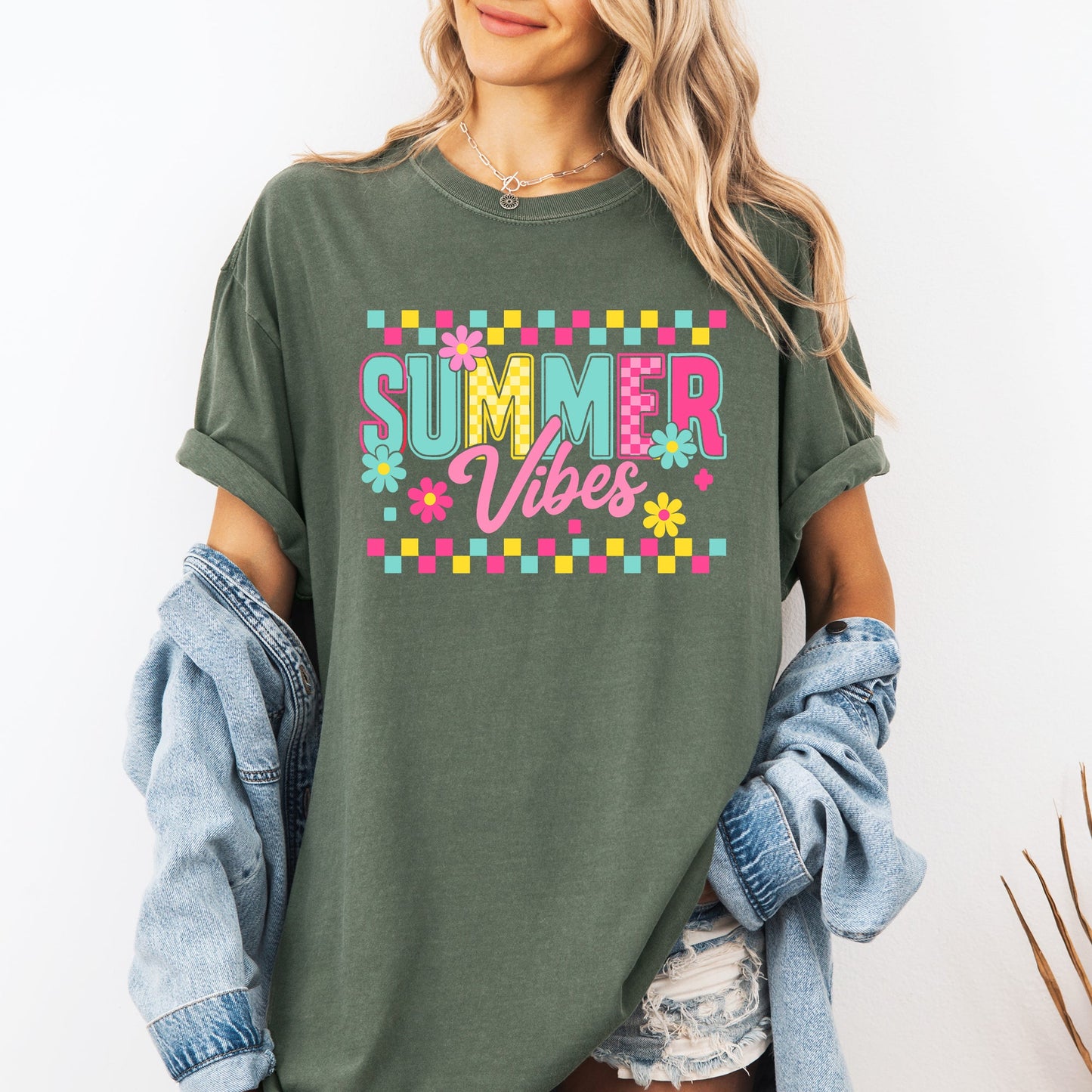 Summer Vibes, Checkered, Retro, Yellow, Flowers, Floral, Comfort Colors T-Shirt