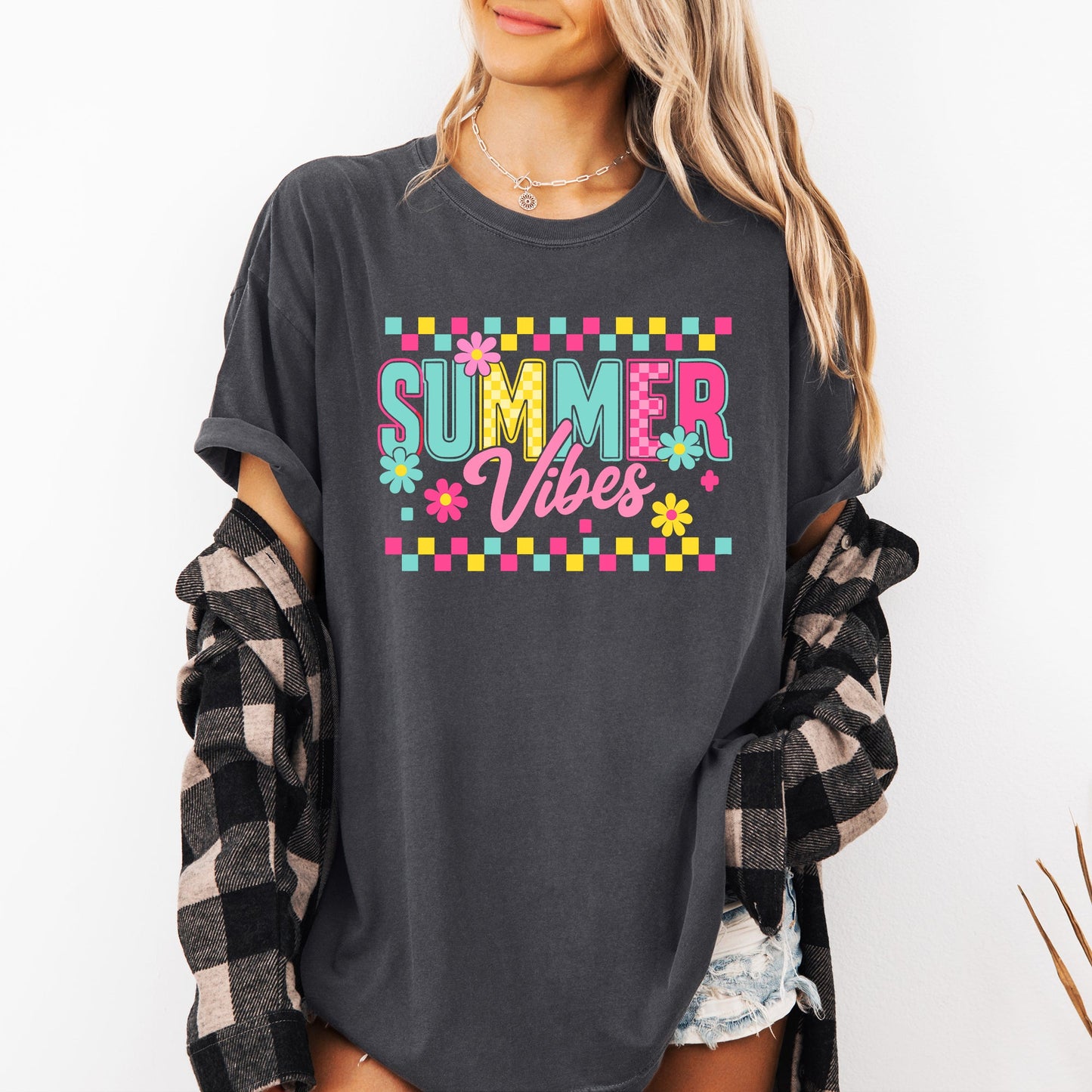 Summer Vibes, Checkered, Retro, Yellow, Flowers, Floral, Comfort Colors T-Shirt