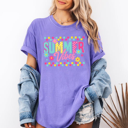 Summer Vibes, Checkered, Retro, Yellow, Flowers, Floral, Comfort Colors T-Shirt