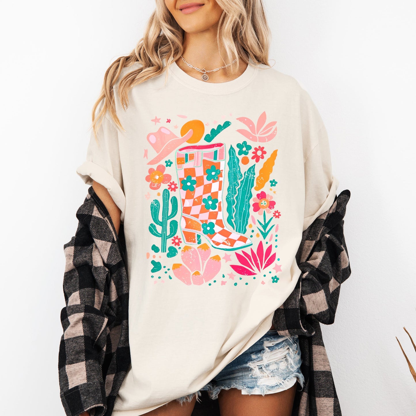 Summer, Retro Cowboy Boot, Cowgirl, Floral, Botanical, Comfort Colors T-Shirt