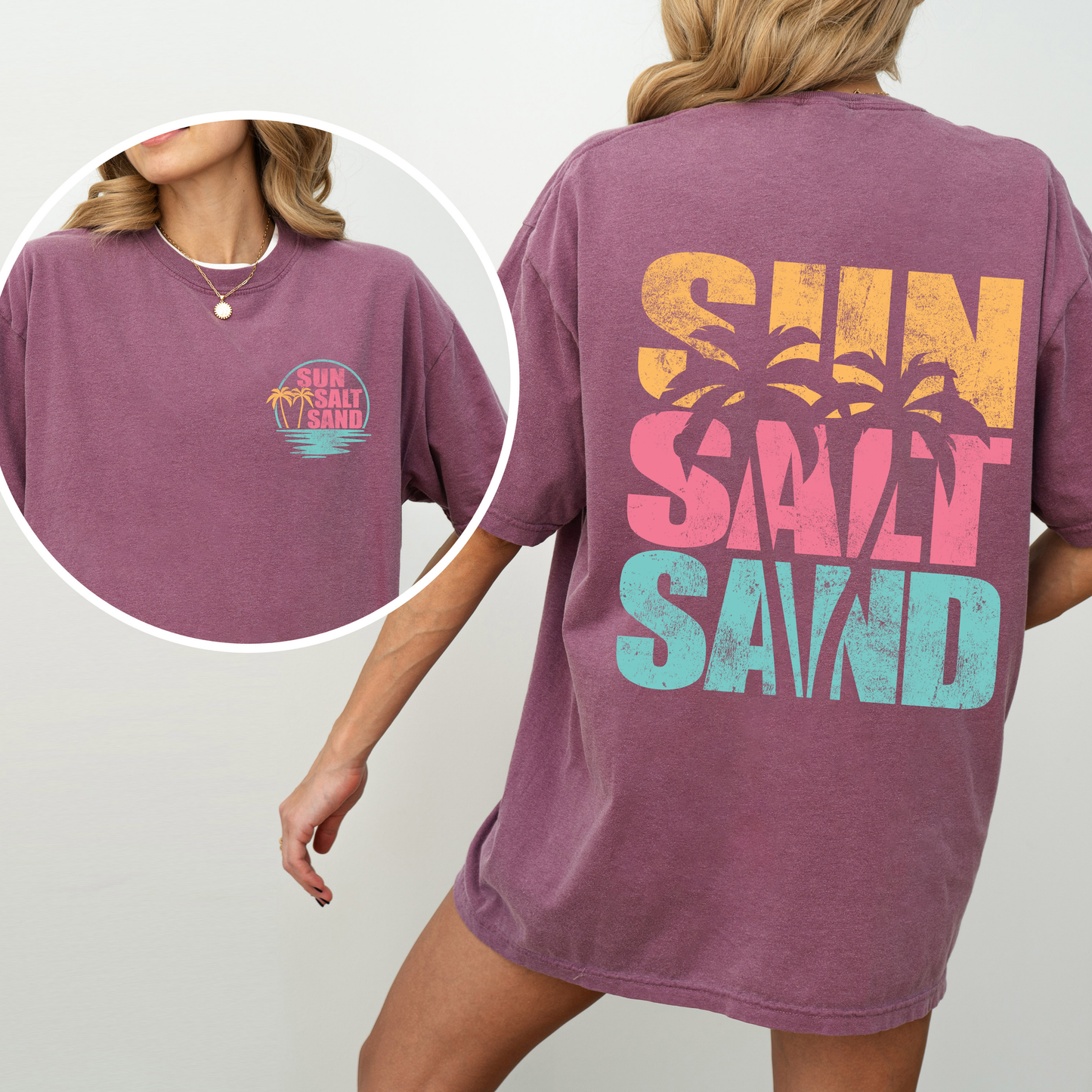 Sun Salt Sand, Palm Trees, Beach, Summer, Front and Back, Comfort Colors T-Shirt