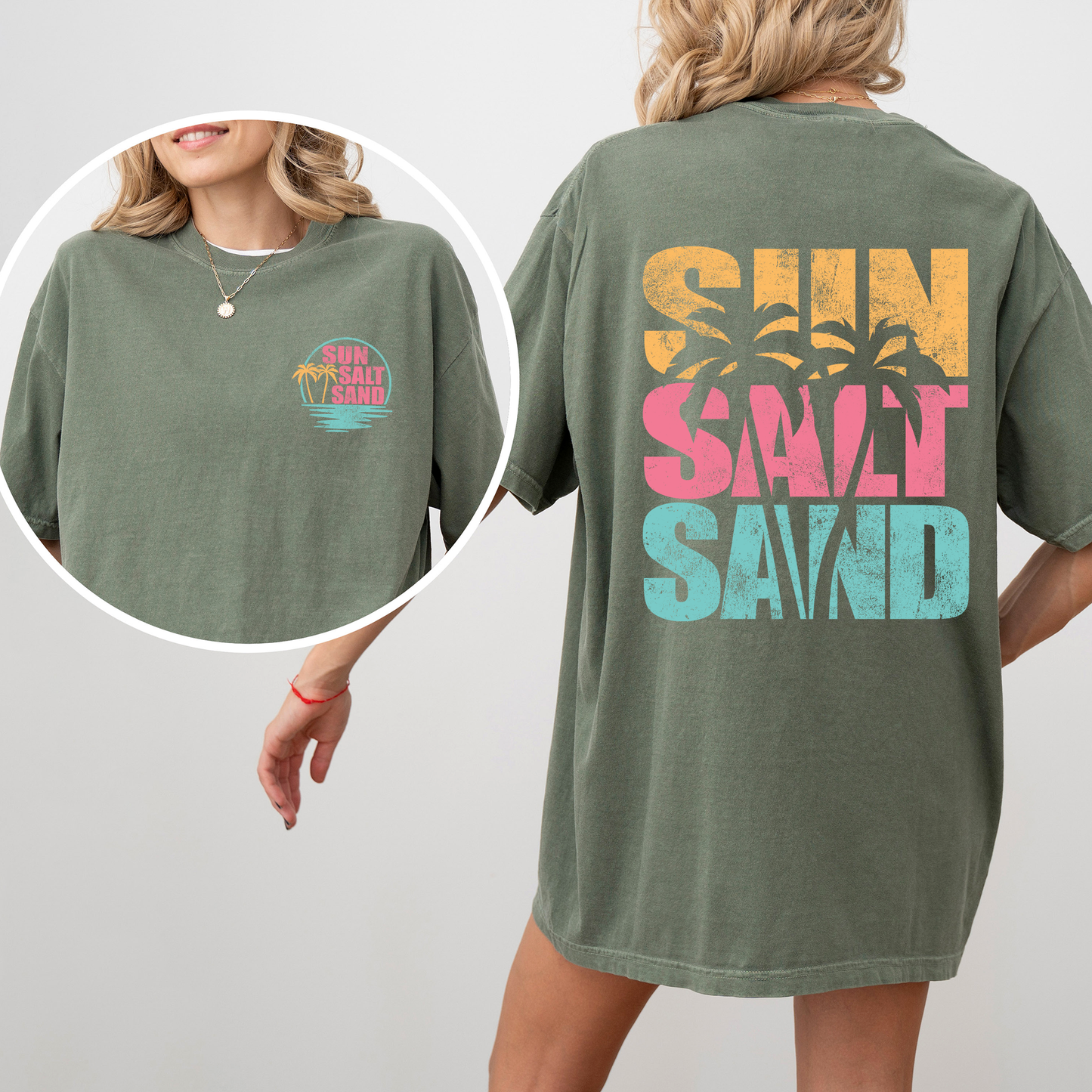 Sun Salt Sand, Palm Trees, Beach, Summer, Front and Back, Comfort Colors T-Shirt