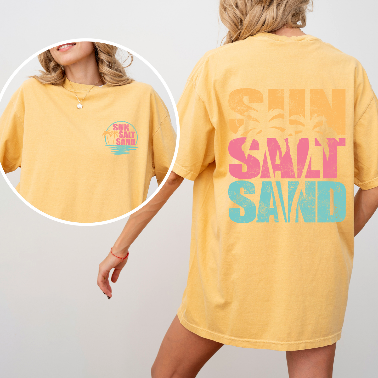 Sun Salt Sand, Palm Trees, Beach, Summer, Front and Back, Comfort Colors T-Shirt