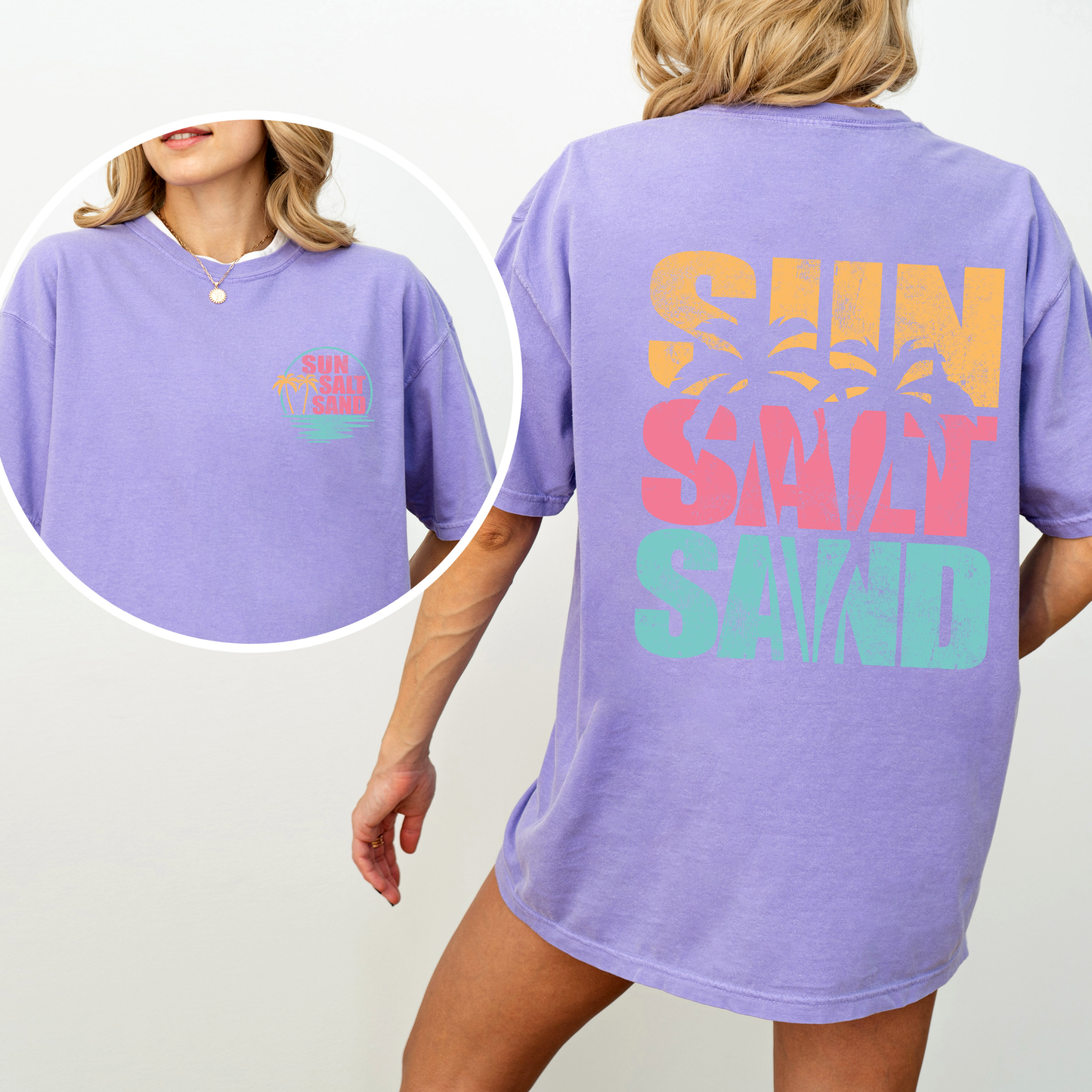 Sun Salt Sand, Palm Trees, Beach, Summer, Front and Back, Comfort Colors T-Shirt