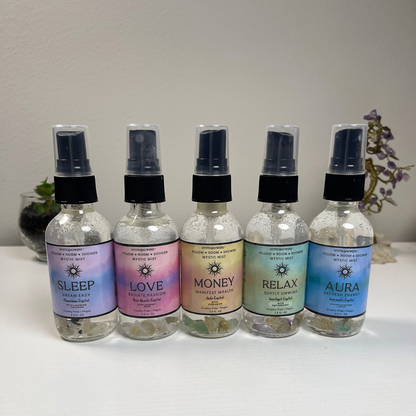 Crystal-Infused Intention Aromatherapy Mist: Natural Room, Shower & Pillow Spray | Love, Relax, Money, Aura + Sleep