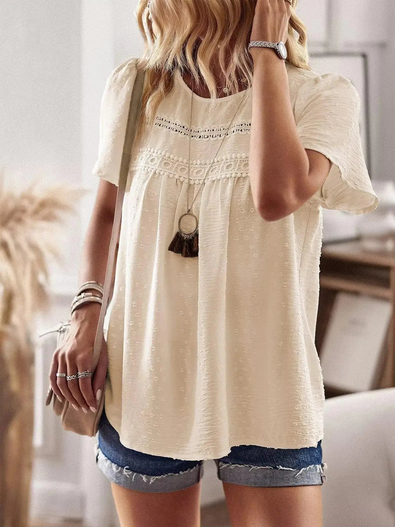 Womens Summer Tops Crewneck Short Sleeve Shirts | Casual Chiffon Blouses Flowy Lace Hem Boho Clothing