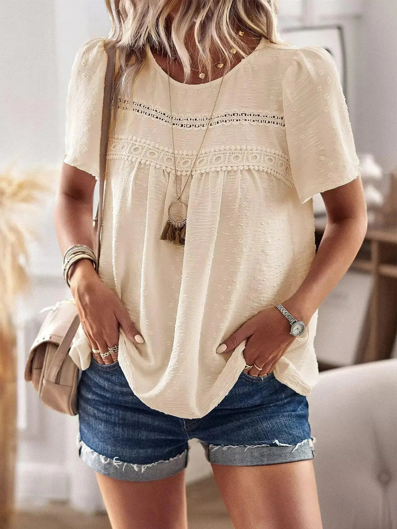 Womens Summer Tops Crewneck Short Sleeve Shirts | Casual Chiffon Blouses Flowy Lace Hem Boho Clothing