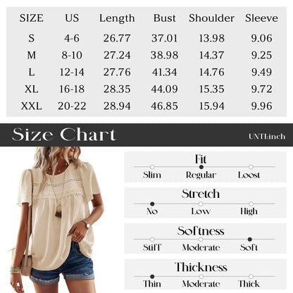 Womens Summer Tops Crewneck Short Sleeve Shirts | Casual Chiffon Blouses Flowy Lace Hem Boho Clothing