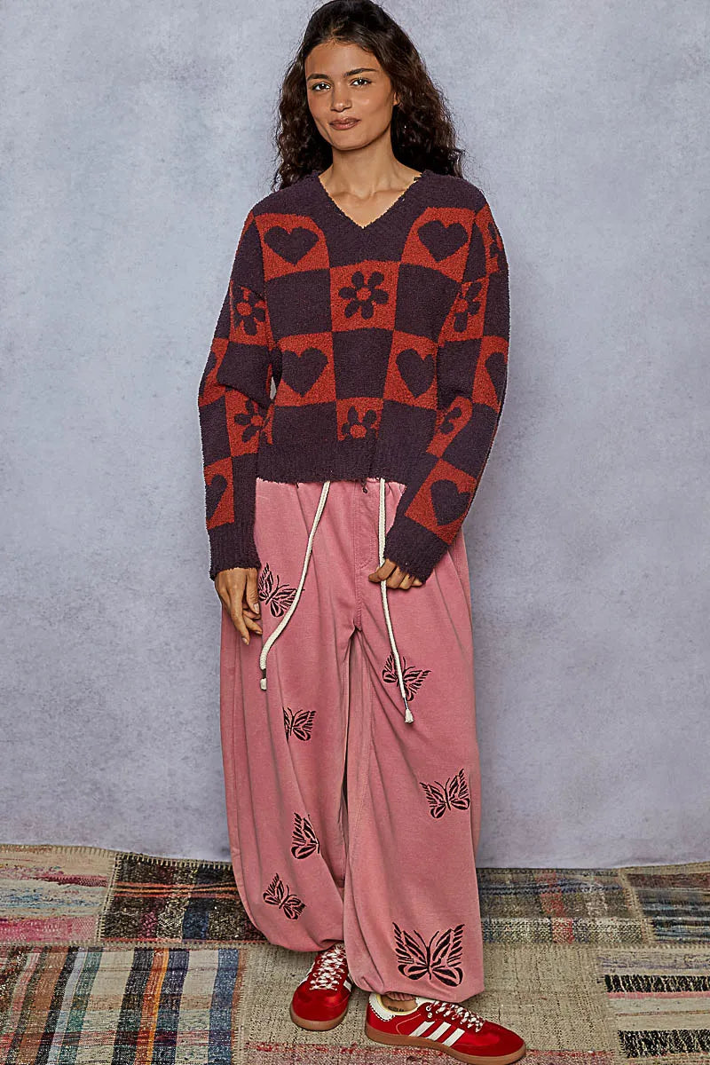 Garden Naked V-Neck Heart Pattern Checkered Sweater