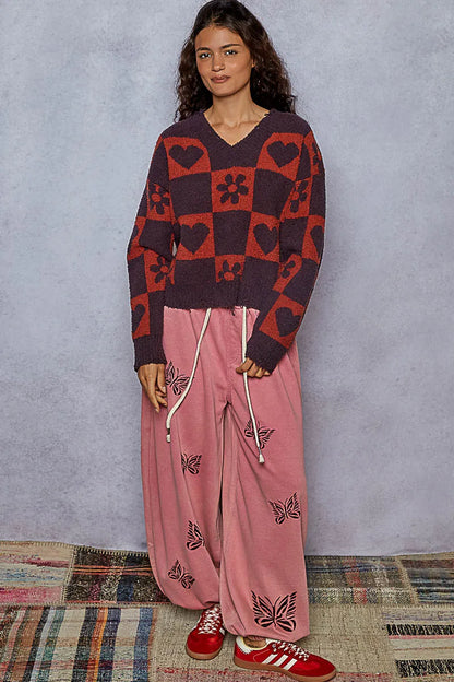 Garden Naked V-Neck Heart Pattern Checkered Sweater
