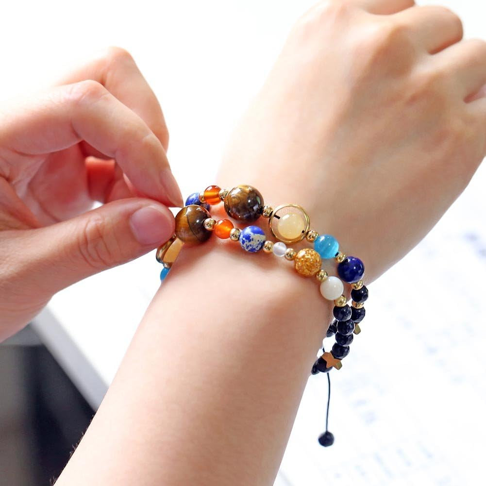 Women Solar System Bracelet Universe Galaxy the Eight Planets Guardian Star Natural Stone Beads Bracelet Bangle for Men