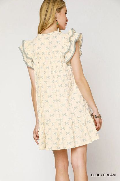 Bow Print Ruffled Cap Sleeve Mini Dress